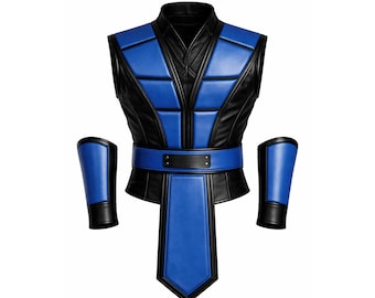 Handmade Sub Zero Mortal Kombat Cosplay Leather Armor Vest, Blue & Black Ninja Costume for Men Halloween Costume Game Fan Outfit