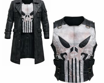 Tactical Punisher Vest and Coat Vigilante Leather Trench Coat with Combat Vest Set Black Long Duster & Skull Armor Comic Con Hero Cosplay