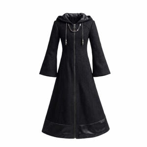 May include: A long black hooded coat with flared sleeves. The coat features a full-length zipper, a decorative chain at the neckline, and leather-like trim at the hood and hem. The coat is made of a textured fabric.