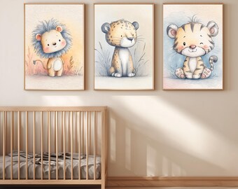 Jungle Nursery Wall Art Set of 3, Safari Animal Printable, Lion Tiger Jaguar Nursery Decor, Baby Animal Wall Art, Kids Room Printable