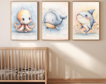Ocean Nursery Wall Art Set of 3, Sea Animal Printable, Shark Octopus Whale Nursery Decor, Baby Animal Wall Art, Kid Room Printable (DIGITAL)