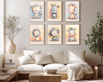 Safari Nursery Wall Art Set of 6, Jungle Animal Printable, Baby Animal Nursery Decor, Giraffe, Zebra, Tiger, Monkey, Rhino, Tiger. (Digital)