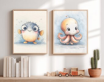 Ocean Nursery Wall Art Set of 2, Sea Animal Printable, Pufferfish Octopus  Nursery Decor, Baby Animal Wall Art, Kid Room Printable (DIGITAL)
