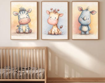 Safari Nursery Wall Art Set of 3, Safari Animal Printable, Giraffe Rhino Zebra Nursery Decor, Baby Animal Wall Art, Kids Room Printable