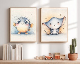 Ocean Nursery Wall Art Set of 2, Sea Animal Printable, Pufferfish & Mantic  Nursery Decor, Baby Animal Wall Art, Kid Room Printable(DIGITAL)