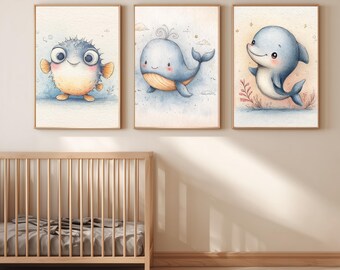 Ocean Nursery Wall Art Set of 3, Sea Animal Printable, Pufferfish Whale Dolphin Nursery Decor, Baby Animal Wall Art,Room Printable (DIGITAL)