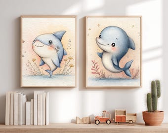Ocean Nursery Wall Art Set of 2, Sea Animal Printable, Shark & Dolphin Nursery Decor, Baby Animal Wall Art, Kids Room Printable (DIGITAL)