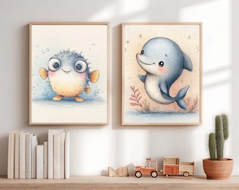 Ocean Nursery Wall Art Set of 2, Sea Animal Printable, Pufferfish Dolphin  Nursery Decor, Baby Animal Wall Art, Kid Room Printable (DIGITAL)