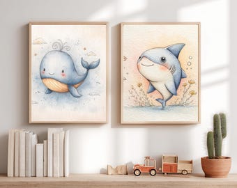 Ocean Nursery Wall Art Set of 2, Sea Animal Printable, Whale & Shark  Nursery Decor, Baby Animal Wall Art, Kid Room Printable (DIGITAL)