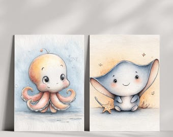 Ocean Nursery Wall Art Set of 2, Sea Animal Printable, Mantic & Octopus  Nursery Decor, Baby Animal Wall Art, Kid Room Printable (DIGITAL)