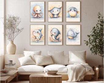 Ocean Nursery Wall Art Set of 6, Sea Animal Printable, Shark Octopus Mantic Whale Dolphin Pufferfish, Kids Room Printable (DIGITAL DOWNLOAD)