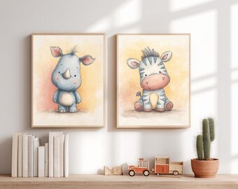 Safari Nursery Wall Art Set of 2, Jungle Animal Printable, Baby Animal Nursery Decor, Zebra and Rhino. (DIGITAL DOWNLOAD)
