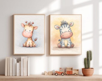 Safari Nursery Wall Art Set of 2, Jungle Animal Printable, Baby Animal Nursery Decor, Giraffe and Zebra. (DIGITAL DOWNLOAD)