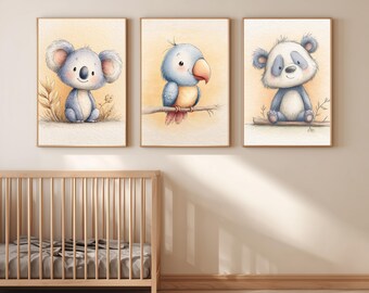 Jungle Nursery Wall Art Set Of 3, Koala, Panda, Parrot Printable, Baby Animal Nursery Decor, Safari Animal Prints, Kids Room Wall Art