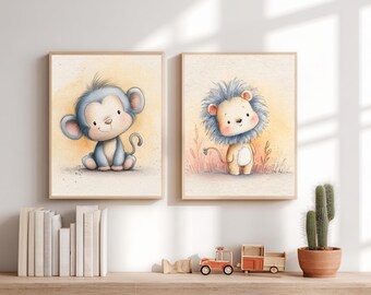 Jungle Nursery Wall Art Set of 2, Jungle Animal Printable, Lion and Monkey Nursery Decor, Baby Animal Wall Art, Kids Room Printable(DIGITAL)
