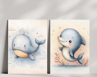 Ocean Nursery Wall Art Set of 2, Sea Animal Printable, Whale & Dolphin  Nursery Decor, Baby Animal Wall Art, Kid Room Printable (DIGITAL)