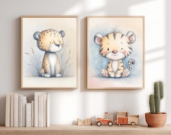 Jungle Nursery Wall Art Set of 2, Jungle Animal Printable, Tiger & Jaguar Nursery Decor, Baby Animal Wall Art, Kids Room Printable (DIGITAL)