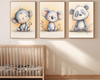 Safari Nursery Wall Art Set of 3, Safari Animal Printable, Monkey Panda Koala Nursery Decor, Baby Animal Wall Art, Kids Room Printable