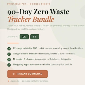 May include: A digital 90-Day Zero Waste Tracker Bundle. The design features a white background with green and brown accents. The text includes "Zero Waste Tracker" and "Instant Download". The bundle includes a habit tracker, waste log, and more.