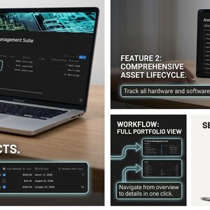 Op de afbeelding: Een laptop met een IT Asset Management Suite-interface, met functies zoals geautomatiseerde contracten en uitgebreide asset lifecycle tracking. Het scherm toont gegevens en tekst, met de woorden "FEATURE 1: AUTOMATED CONTRACTS" en "FEATURE 2: COMPREHENSIVE ASSET LIFECYCLE."