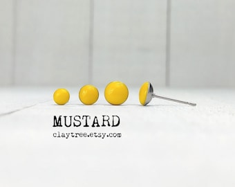 MUSTARD Yellow Stud Earrings - Simple Studs - Hypoallergenic - Surgical Steel Studs - Tiny Post Earrings - 4mm 5mm 6mm Circle - Polymer Clay