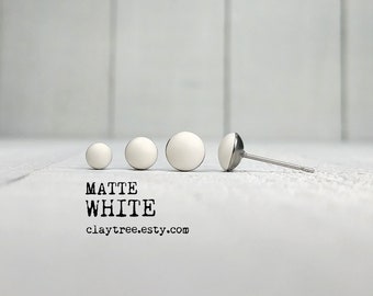 Matte WHITE Stud Earrings - Hypoallergenic - Surgical Steel Studs - Tiny White Post Earrings - Minimalist -Polymer Clay - 4mm 5mm 6mm Circle