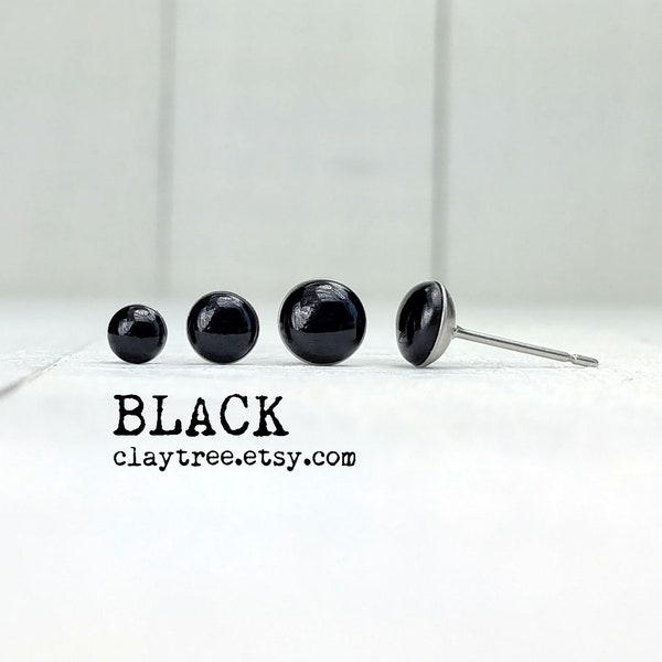 BLACK Stud Earrings - Simple Studs - Hypoallergenic - Surgical Steel - Tiny Post Earrings - Polymer Clay - 4mm 5mm 6mm Circle - Minimalist