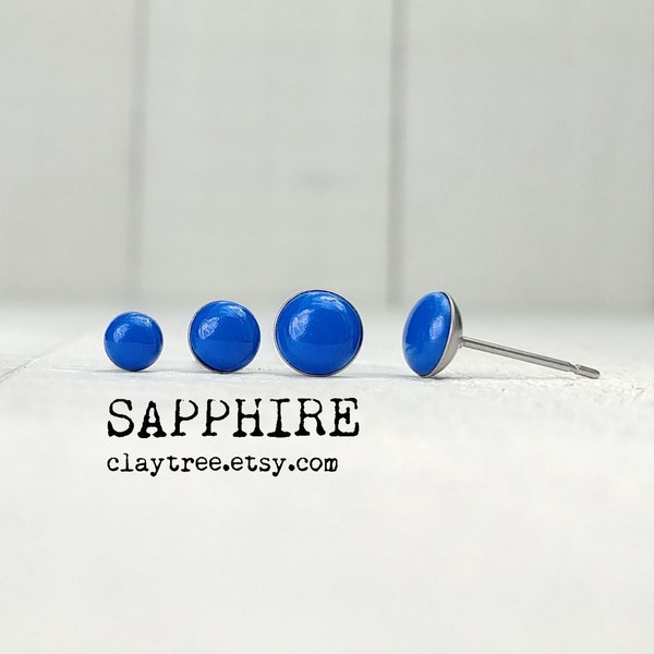 SAFFIRE Blue Stud Earrings - Small Simple Studs - Hypoallergenic - Surgical Steel Studs - Tiny Post Earrings - Polymer Clay - Minimalist