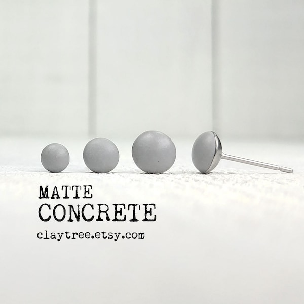 Matte CONCRETE Gray Stud Earrings - Grey Studs - Simple - Modern - Hypoallergenic - Surgical Steel Post Earrings - 4mm 5mm 6mm Circle