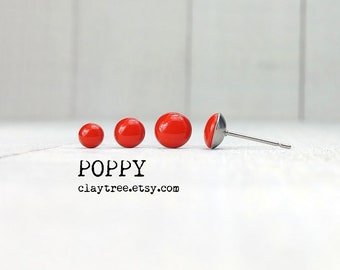 POPPY-oorknopjes - rood / oranje - eenvoudige stekers - hypoallergeen - kleine oorbellen - 4 mm 5 mm 6 mm cirkel - roestvrij staal - schattige stekers
