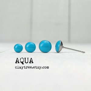 AQUA Stud Earrings - Teal / Turquoise Studs - Hypoallergenic - Surgical Steel - Tiny Post Earrings - 4mm 5mm 6mm Circle - Polymer Clay