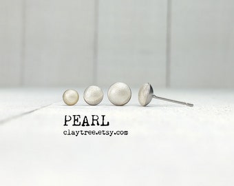 PEARL Stud Earrings - Tiny Studs - Hypoallergenic Post Earrings - Surgical Steel Studs - Polymer Clay Jewelry - 4mm 5mm 6mm Circle - Gift