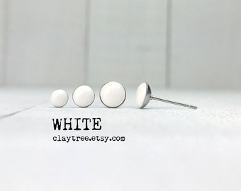 WHITE Stud Earrings - Hypoallergenic - Surgical Steel Studs - Tiny White Post Earrings - Minimalist - Polymer Clay - 4mm 5mm 6mm Circle