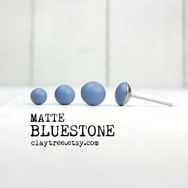 Matte BLUESTONE Stud Earrings - Blue / Gray Studs - Hypoallergenic - Stainless Steel Small Post Earrings - Polymer Clay - 4mm 5mm 6mm Circle