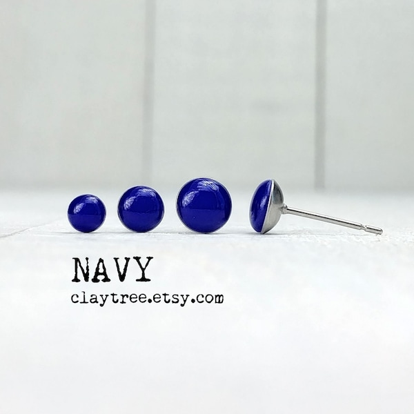 NAVY Stud Earrings - Dark Blue - Royal Blue- Simple Studs - Hypoallergenic - Tiny Post Earrings - 4mm 5mm 6mm Circle -Polymer Clay