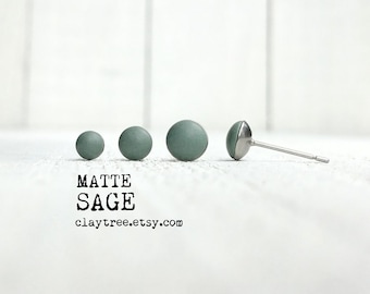 Matte SAGE Green Studs - Hypoallergenic - Stainless Steel Studs - Tiny Post Earrings - 4mm 5mm 6mm Circle - Minimalist - Soft Green Earrings