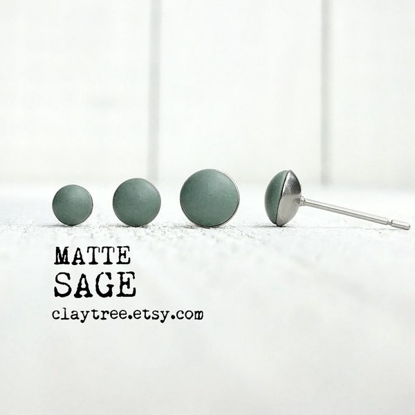 Matte SAGE Green Studs - Hypoallergenic - Stainless Steel Studs - Tiny Post Earrings - 4mm 5mm 6mm Circle - Minimalist - Soft Green Earrings