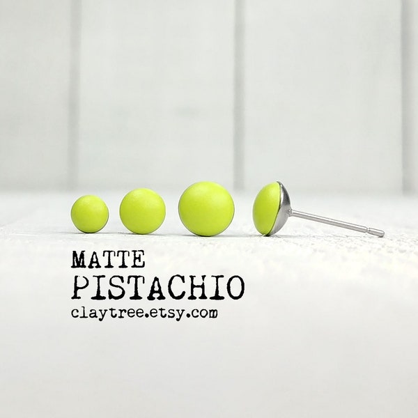 Matte PISTACHIO Stud Earrings - Lime Green Studs - Hypoallergenic - Stainless Steel Studs - Tiny Post Earrings - 4mm 5mm 6mm Circle - Bright