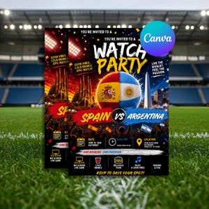 スペイン対アルゼンチン観戦パーティー招待状、サッカー観戦パーティー招待状、編集可能なCanvaサッカー試合テンプレート