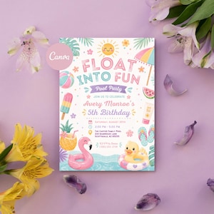 Float Into Four Birthday Invitation, Girls Pool Party Invite, Watercolor Canva Template, Digital Download
