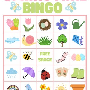 May include: A Springtime Bingo card with a pink and green title, featuring spring-themed illustrations. The card includes images of a rainbow, flowers, and insects. The words "FREE SPACE" are in the center. The card has a white background and a pink border, perfect for spring activities.