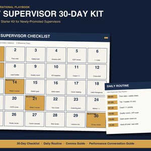 May include: A navy blue and white graphic with the text "NEW SUPERVISOR 30-DAY KIT" and a checklist. The checklist includes a 30-day plan with daily and weekly tasks. A smaller window displays a daily routine.