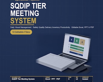 Modèle Excel pour tableau de bord de gestion visuelle quotidienne | Tableau SQDIP, ordre du jour des réunions hiérarchiques, suivi des indicateurs clés de performance (KPI) | Système de gestion quotidienne pour la production au plus juste