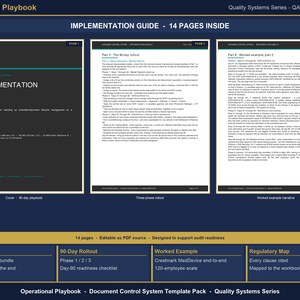 May include: An operational playbook document control system template pack featuring an implementation guide with 14 pages, a 90-day rollout plan, worked examples, and a regulatory map. The dark blue and white layout includes text headers.