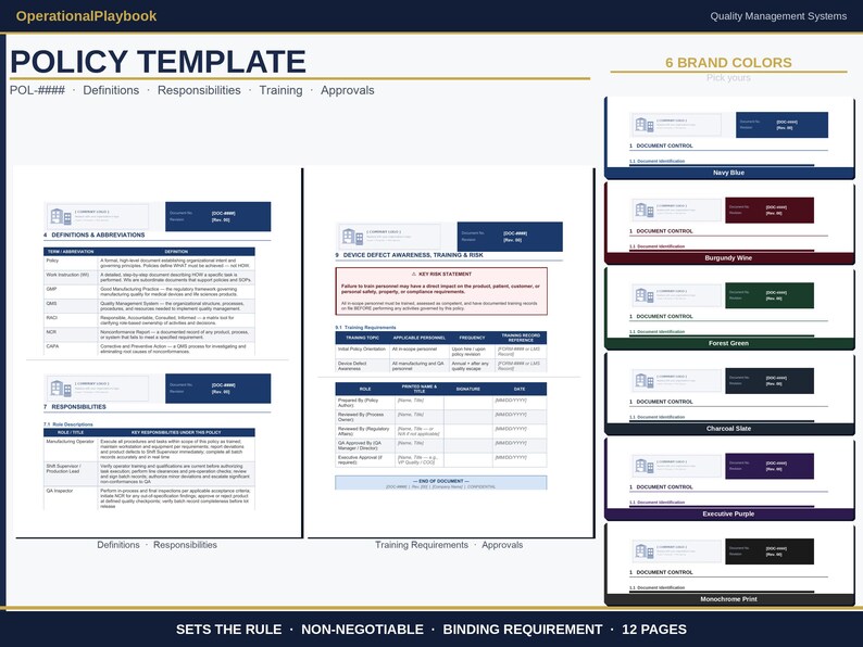 GMP Document Templates Word | Policy, Work Instruction and SOP Writing Templates | Training Roster | Fda 21 cfr 820 Iso 13485 | 6 Colors image 5