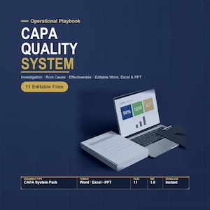 May include: An Operational Playbook CAPA Quality System digital document pack featuring 11 editable files in Word, Excel, and PPT formats. The display shows a laptop with a quality control dashboard, a stack of papers, and a black clipboard.