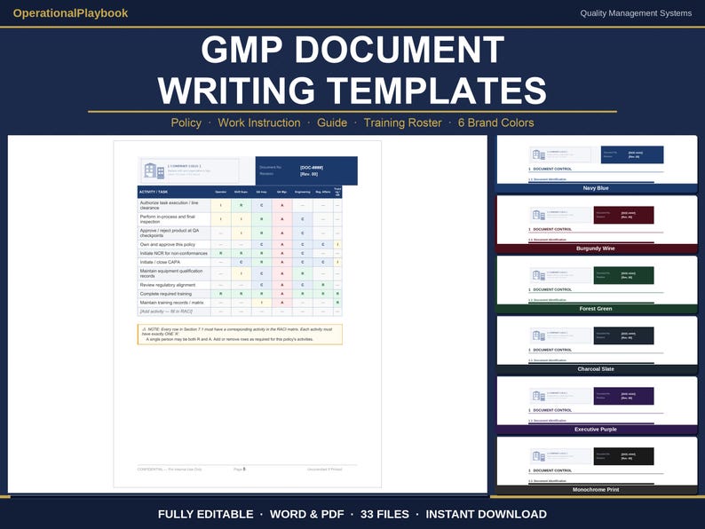 GMP Document Templates Word | Policy, Work Instruction and SOP Writing Templates | Training Roster | Fda 21 cfr 820 Iso 13485 | 6 Colors image 1