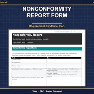Peut inclure: Un modèle numérique de formulaire de rapport de non-conformité sur un fond quadrillé bleu foncé. Le document présente un en-tête avec le texte Nonconformity Report Form, Requirement. Evidence. Gap., et un tableau avec des champs de saisie.