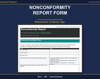 Nonconformance Report Template | Nonconformity Report Form for Internal Audits | Worked Example | Word Template and Printable PDF