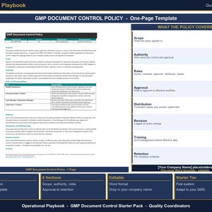 May include: A dark blue document template titled "GMP Document Control Policy - One-Page Template." The document covers scope, authority, roles, approval, distribution, revision, training, and retention. The template is part of the "Operational Playbook" series.
